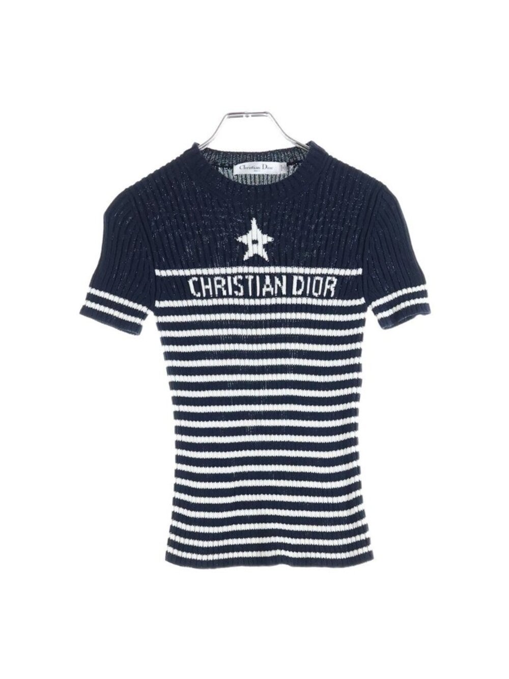Dior Mariniere Logo Braided Border Short Sleeve Knit Navy Sweater